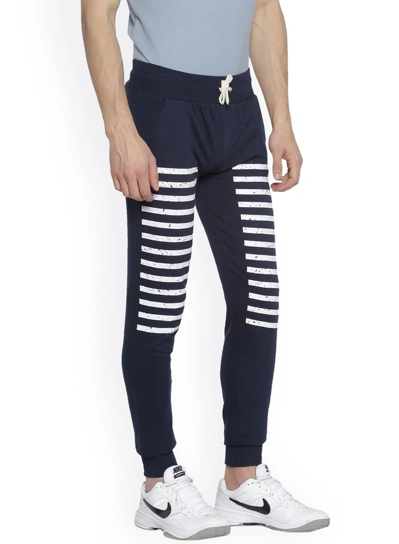 Campus Sutra Men's Navy Blue Block Striped-Print Trackpants