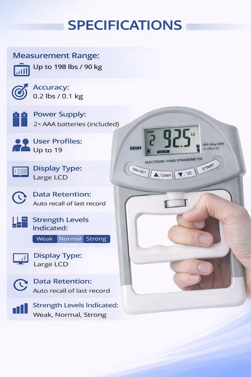 LABART Baseline 200 Lbs / 90 Kgs Digital Hand Dynamometer Grip Strength Measurement Meter Auto Capturing Hand Grip Power Hand Strengtheners - Grey, Plastic - Image 4