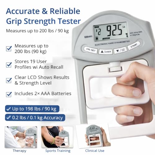 LABART Baseline 200 Lbs / 90 Kgs Digital Hand Dynamometer Grip Strength Measurement Meter Auto Capturing Hand Grip Power Hand Strengtheners - Grey, Plastic - Image 2