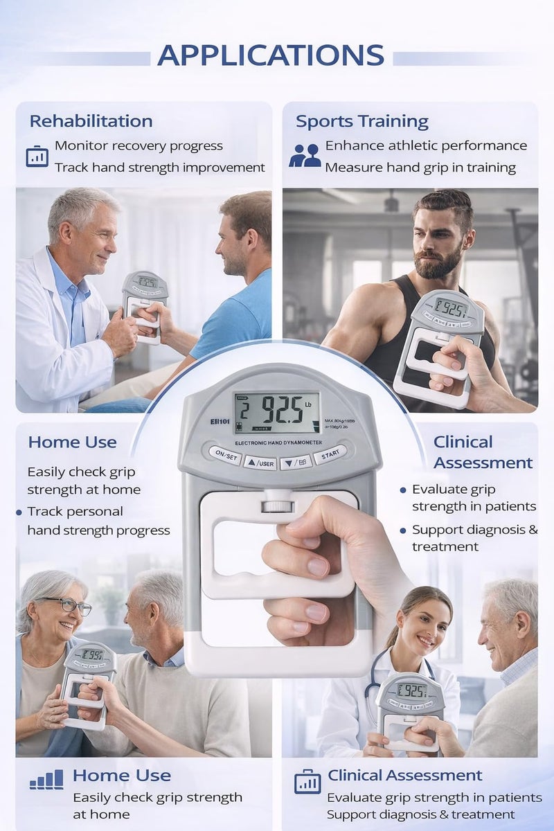 LABART Baseline 200 Lbs / 90 Kgs Digital Hand Dynamometer Grip Strength Measurement Meter Auto Capturing Hand Grip Power Hand Strengtheners - Grey, Plastic - Image 5