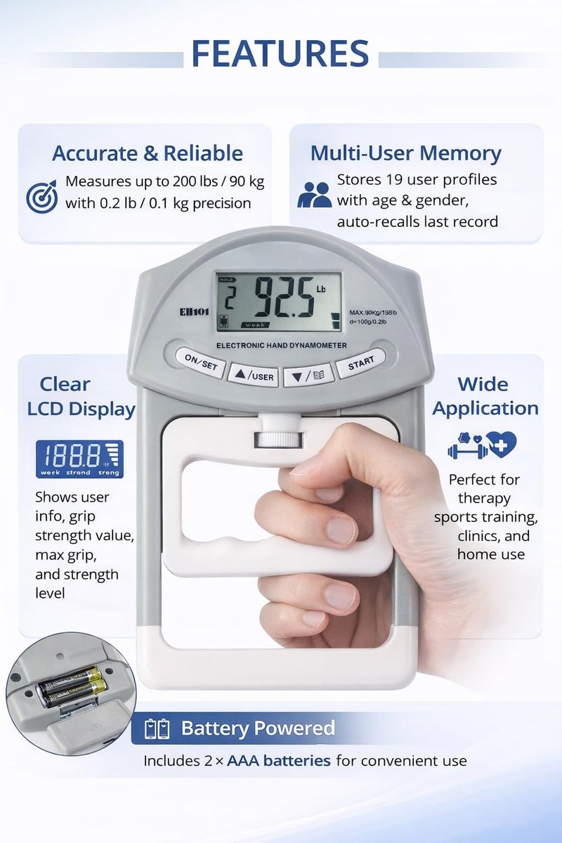 LABART Baseline 200 Lbs / 90 Kgs Digital Hand Dynamometer Grip Strength Measurement Meter Auto Capturing Hand Grip Power Hand Strengtheners - Grey, Plastic - Image 3