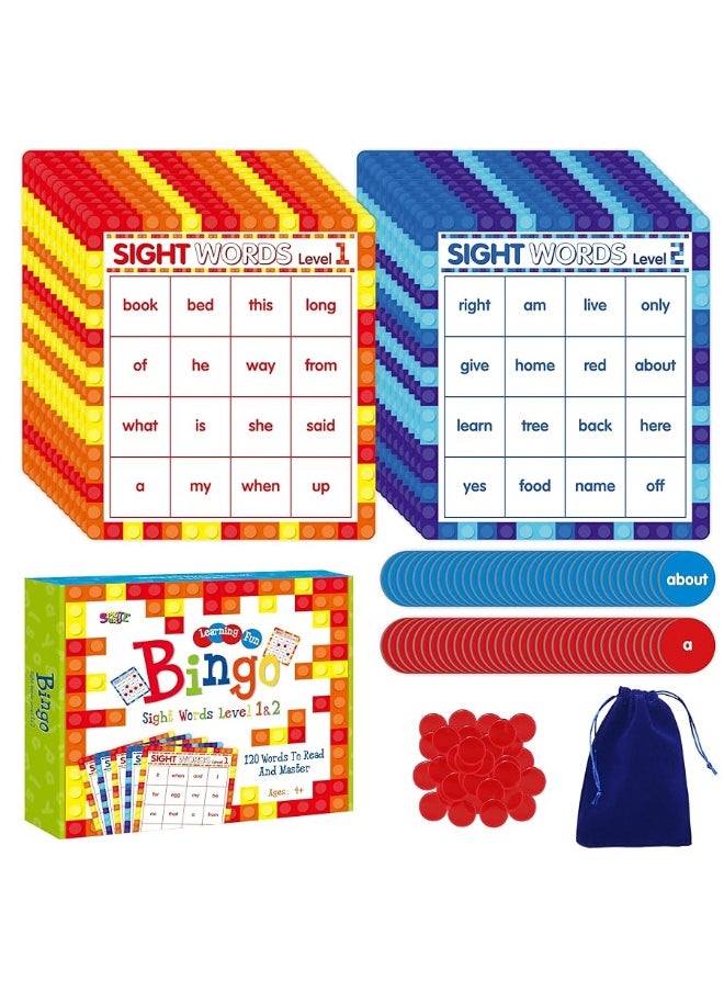 SpriteGru Sight Word Bingo Game, 120 Sight Words Learn to Red Level 1 & Level 2 Bingo Board Game Dolch's & Fry's Words Lists for Kindergarten and Preschool Kids 4-8, Perfect for Classroom & at Home  - Image 1