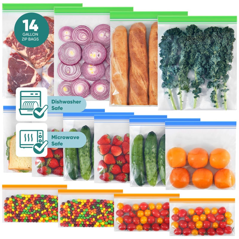 Lerine 14 Pack Reusable Freezer Bags Dishwasher Microwave Safe, Leakproof Extra-Large Reusable Snack Bags, BPA Free Food Storage Bags for Meal Prep (4 Gallon 6 Sandwich 4 Snack Bags) - Image 1