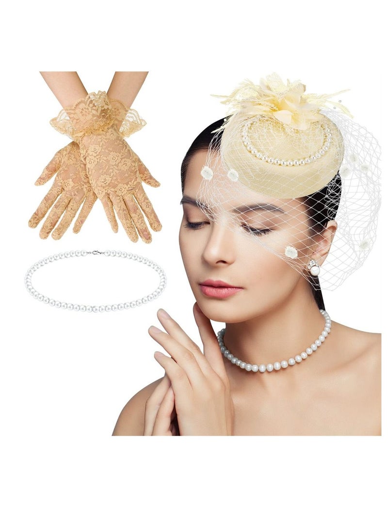 NIBEMINENT 1950s Vintage Fascinator Hat, Faux Feather Mesh Net Hat Tea Party Headwear with Veil and Women Short Lace Gloves Imitation Pearl Necklace, Costume Accessories for Girls Wedding (Apricot)  - Image 1