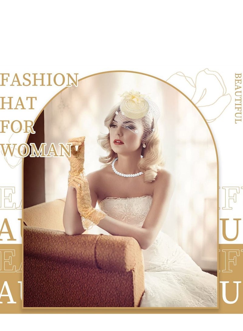 NIBEMINENT 1950s Vintage Fascinator Hat, Faux Feather Mesh Net Hat Tea Party Headwear with Veil and Women Short Lace Gloves Imitation Pearl Necklace, Costume Accessories for Girls Wedding (Apricot)  - Image 2