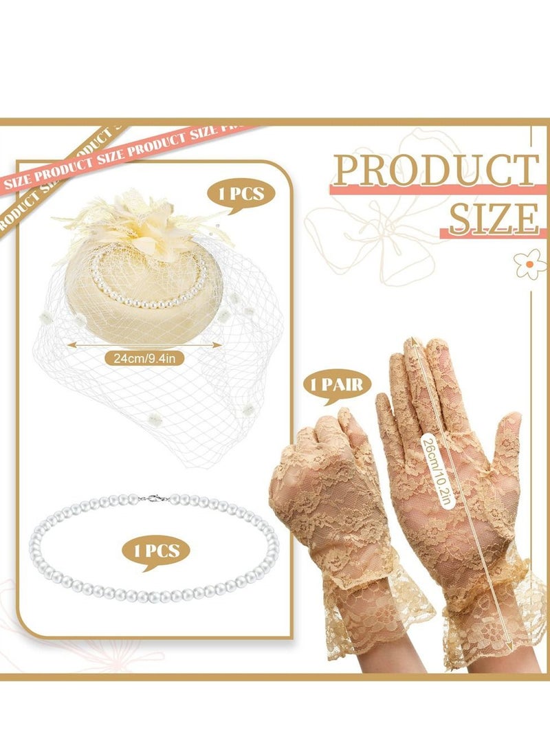 NIBEMINENT 1950s Vintage Fascinator Hat, Faux Feather Mesh Net Hat Tea Party Headwear with Veil and Women Short Lace Gloves Imitation Pearl Necklace, Costume Accessories for Girls Wedding (Apricot)  - Image 3