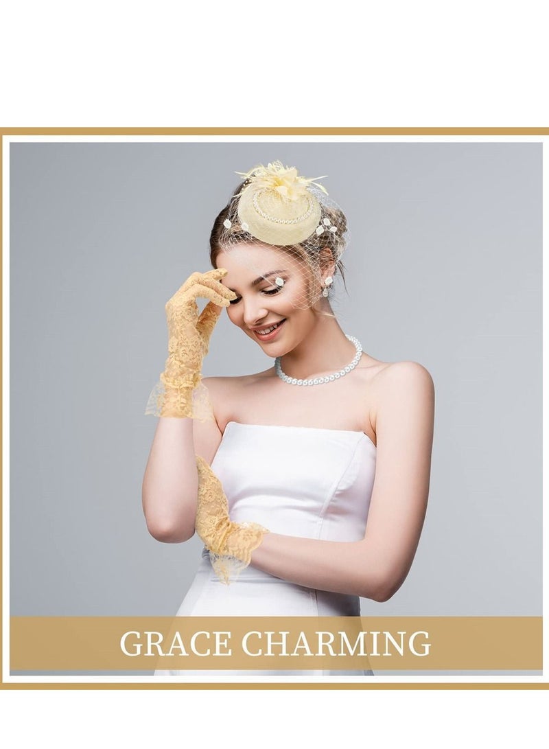 NIBEMINENT 1950s Vintage Fascinator Hat, Faux Feather Mesh Net Hat Tea Party Headwear with Veil and Women Short Lace Gloves Imitation Pearl Necklace, Costume Accessories for Girls Wedding (Apricot)  - Image 5