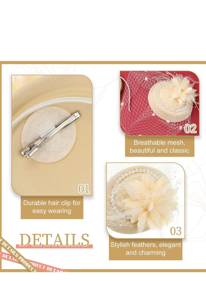 NIBEMINENT 1950s Vintage Fascinator Hat, Faux Feather Mesh Net Hat Tea Party Headwear with Veil and Women Short Lace Gloves Imitation Pearl Necklace, Costume Accessories for Girls Wedding (Apricot)  - Image 4