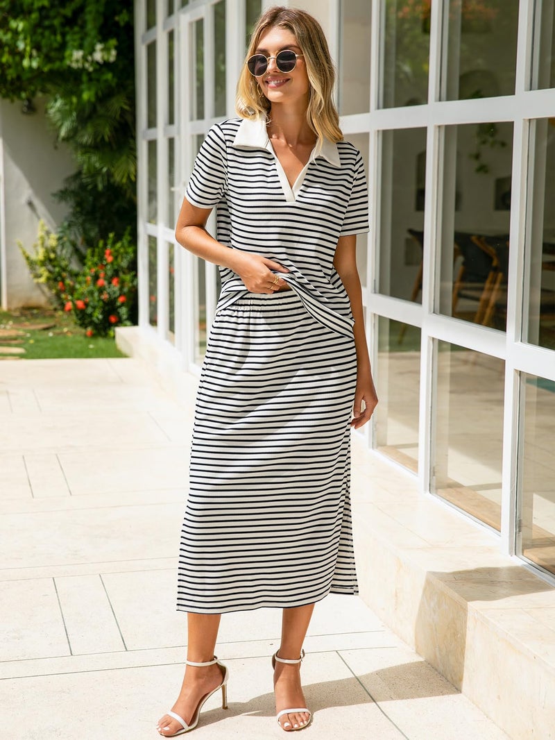 Glamaker Skirt Sets Womens 2 Piece Outfits Casual Striped Summer Short Sleeve Travel Sets for Women Clothing Set (Black White S) - Image 5