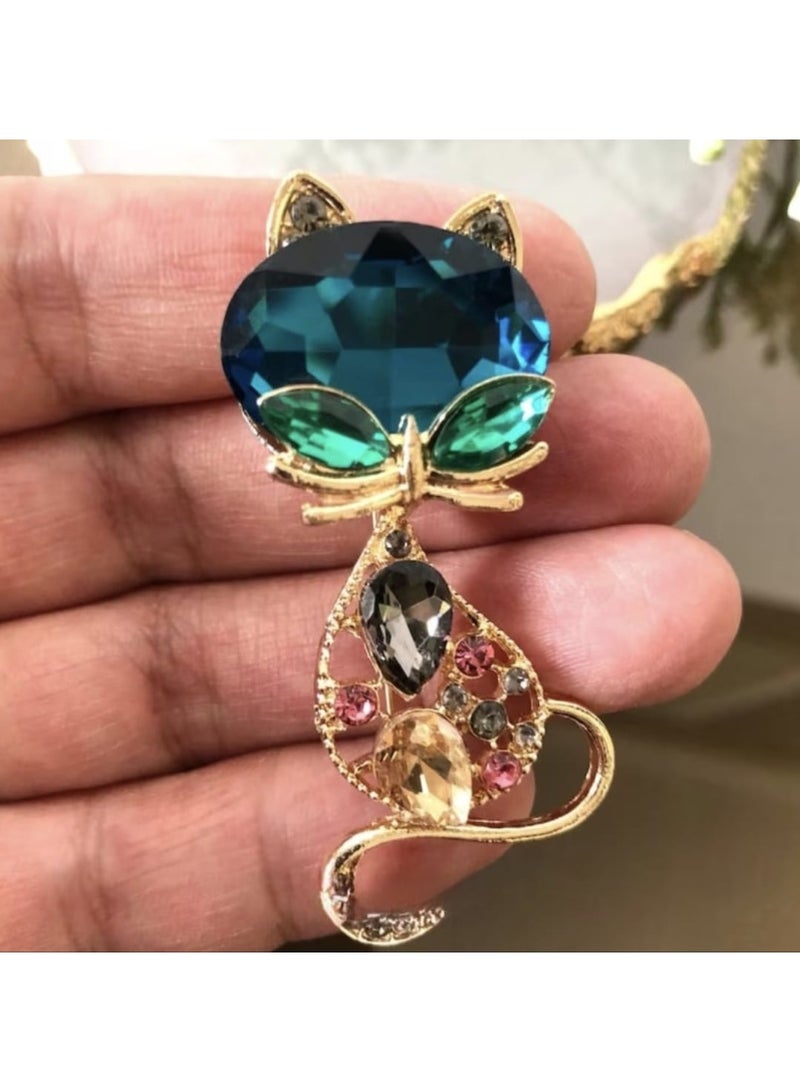 Luxury & Trendy Crystal Rhinestone Accessory Brooch Pin for Women, for clothes and Bags Fashion Enamel Available in different shapes and colors Gold/Silver (Glimmer Cat) - Image 2