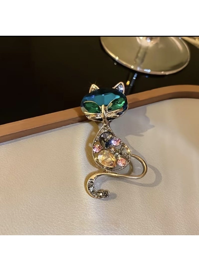 Luxury & Trendy Crystal Rhinestone Accessory Brooch Pin for Women, for clothes and Bags Fashion Enamel Available in different shapes and colors Gold/Silver (Glimmer Cat) - Image 1