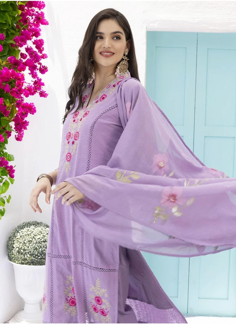 ISHIN Purple Floral Embroidered Schiffli Pure Cotton Kurta With Trousers & Dupatta