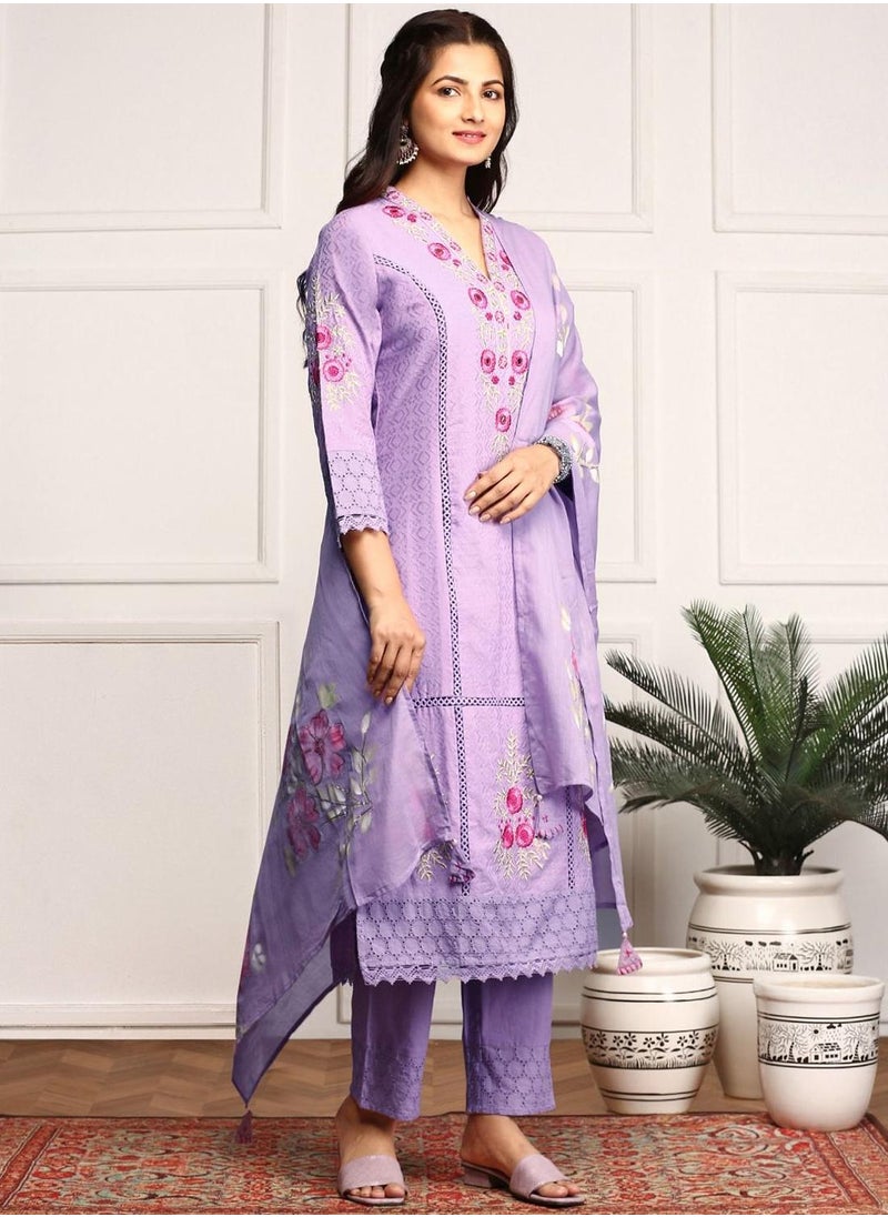 ISHIN - Straight Fit Embroidered Pattern Round Neck Three-Quarter Sleeves Purple Colour Knitted Cotton Kurta Set for Women with Semi Elastic Closure - Elevate Your Fashion Game - Image 1