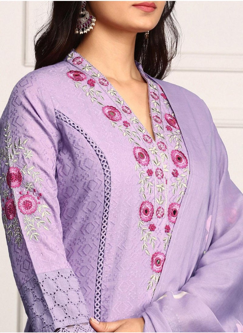 ISHIN - Straight Fit Embroidered Pattern Round Neck Three-Quarter Sleeves Purple Colour Knitted Cotton Kurta Set for Women with Semi Elastic Closure - Elevate Your Fashion Game - Image 1