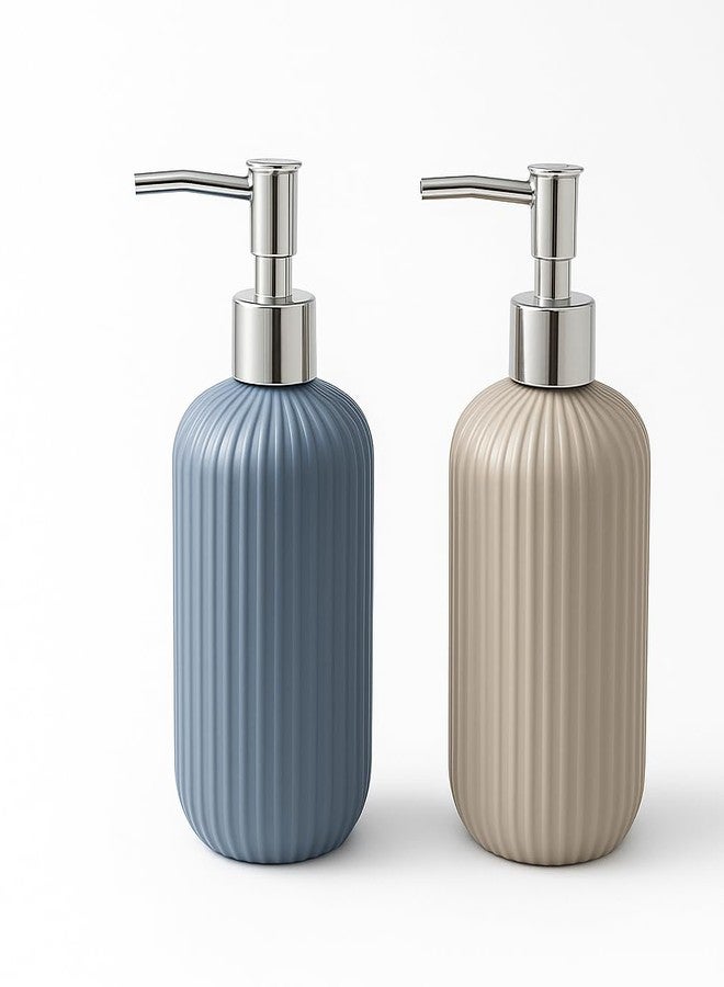 LAGET® 300 ML Refillable Liquid Soap Dispenser Pack of 2 | Unbreakable Plastic Handwash Bottle | Sanitizer, Shampoo, Lotion Dispenser for Bathroom, Kitchen, Wash Basin & Sink (Grey+Metalic Blue) - Image 1