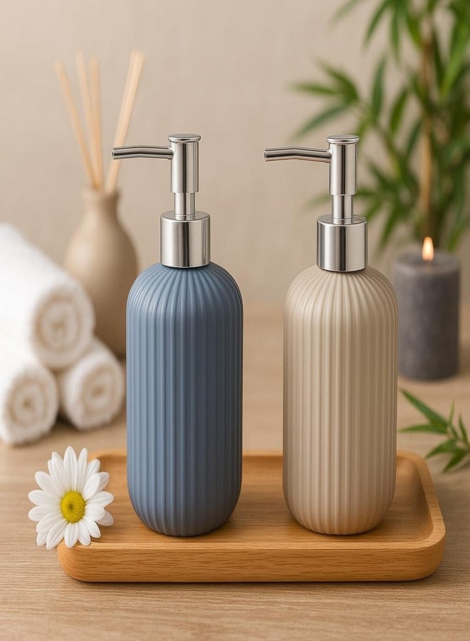 LAGET® 300 ML Refillable Liquid Soap Dispenser Pack of 2 | Unbreakable Plastic Handwash Bottle | Sanitizer, Shampoo, Lotion Dispenser for Bathroom, Kitchen, Wash Basin & Sink (Grey+Metalic Blue) - Image 5