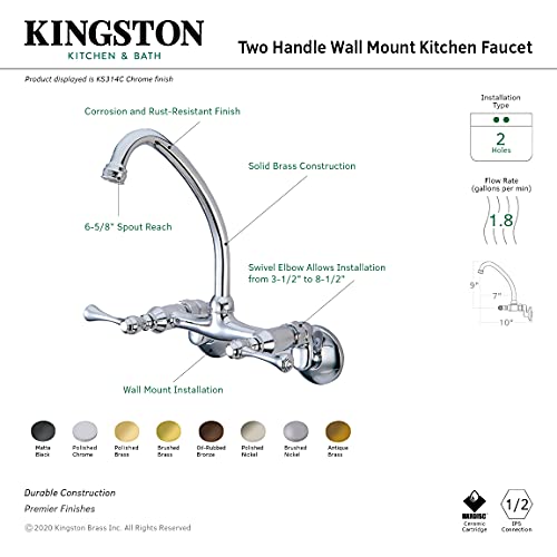 Kingston Brass KS314C Kingston Adjustable Center Wall Mount Kitchen Faucet  Polished Chrome - Image 3