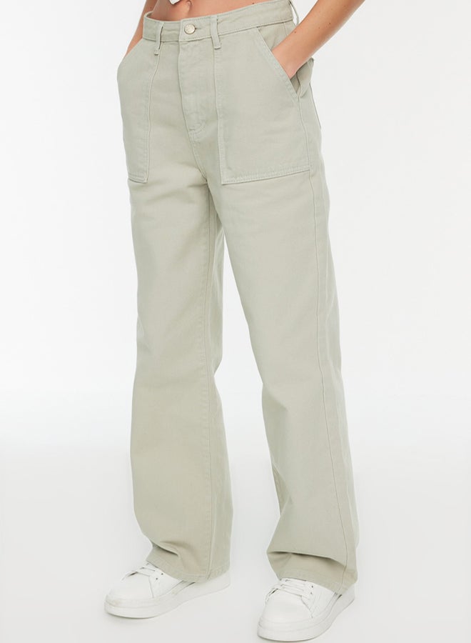 Stone Pocket Detailed High Waist Wide Leg Jeans
