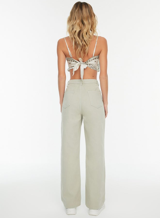 Stone Pocket Detailed High Waist Wide Leg Jeans