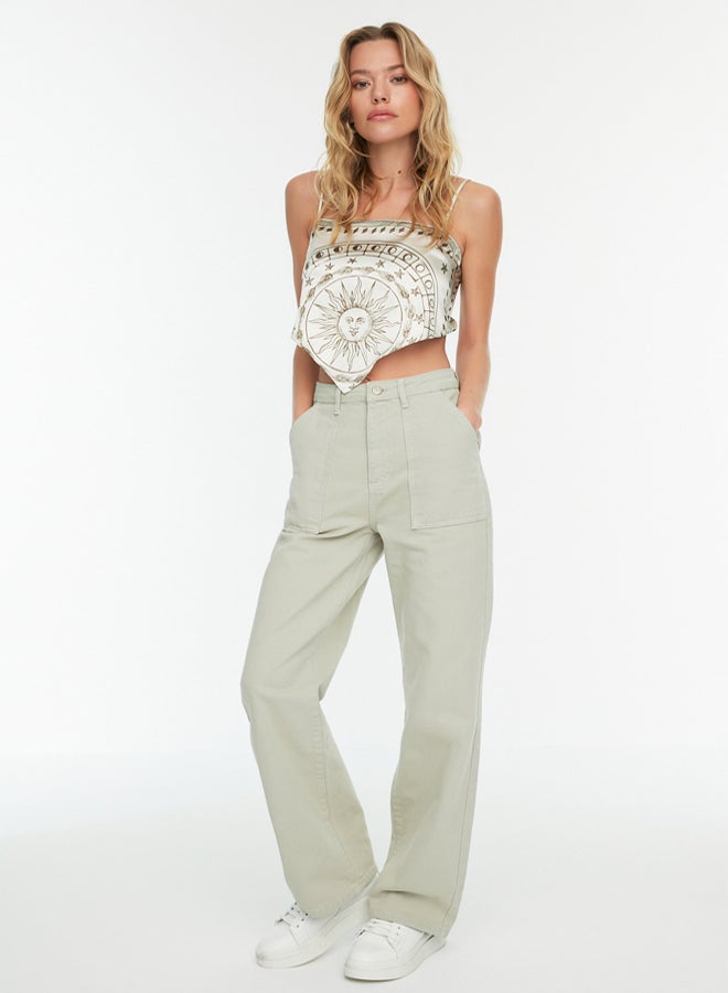 Stone Pocket Detailed High Waist Wide Leg Jeans