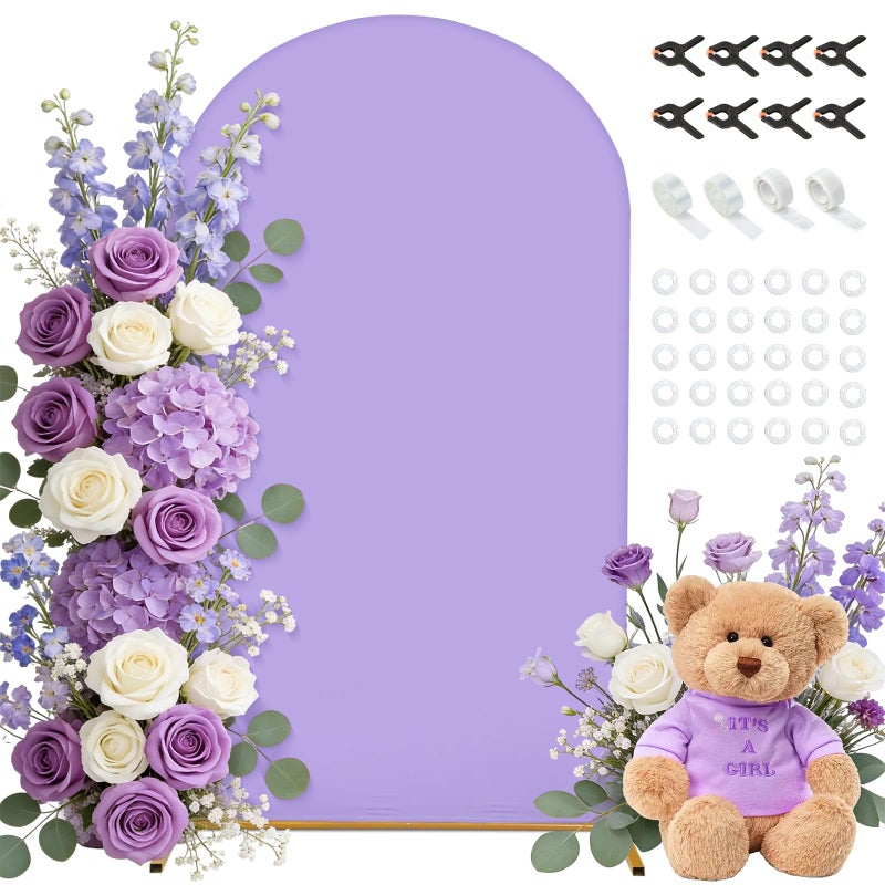 Dexpinzo 7.2FT Arch Fabric Backdrop Cover, Purple Spandex Round Top Arch Stand Cover with Balloon Tie Tool for Wedding Ceremony Baby Bridal Shower Gender Reveal Birthday Party Photo Background Decorations - Image 1