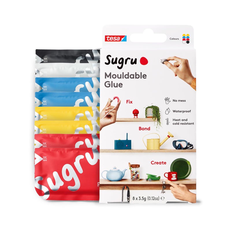 Tesa Sugru Super Glue - Waterproof Glue for Home Improvement + Craft Glue Tasks - Use as Wood Glue, Poster Putty or Silicone Adhesive for Repairing + Bonding - 8 Pack - Classic Colors (3.5g/ea) - Image 1