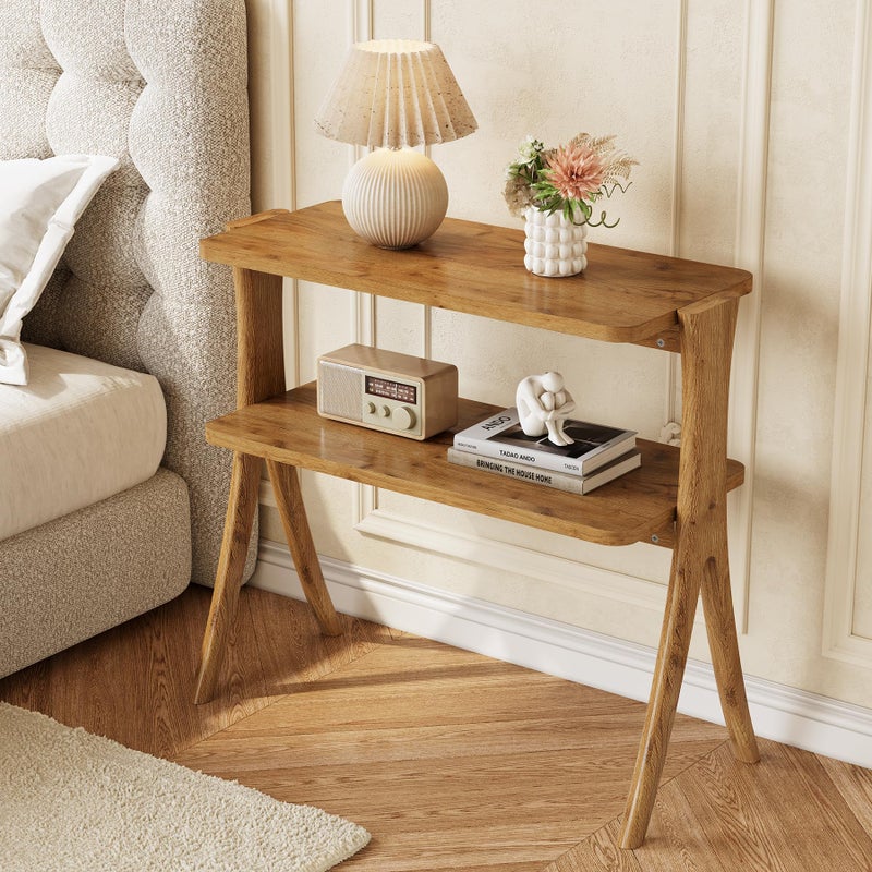 LITTLE TREE Narrow Side Table, 2-Tier Farmhouse End Table with Solid Wood Legs, Small Side Table, Space-Saver for Living Room, Bedroom, Entryway (Light Walnut) - Image 1