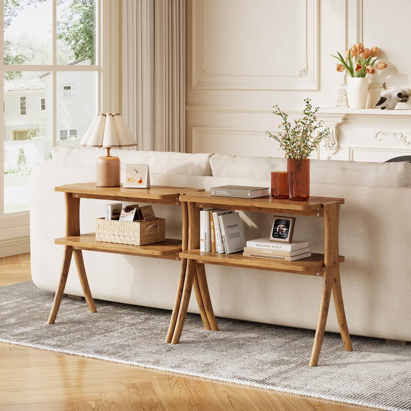 LITTLE TREE Narrow Side Table, 2-Tier Farmhouse End Table with Solid Wood Legs, Small Side Table, Space-Saver for Living Room, Bedroom, Entryway (Light Walnut) - Image 2
