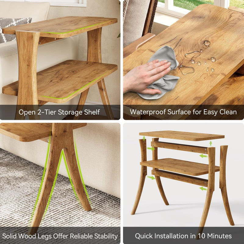 LITTLE TREE Narrow Side Table, 2-Tier Farmhouse End Table with Solid Wood Legs, Small Side Table, Space-Saver for Living Room, Bedroom, Entryway (Light Walnut) - Image 4