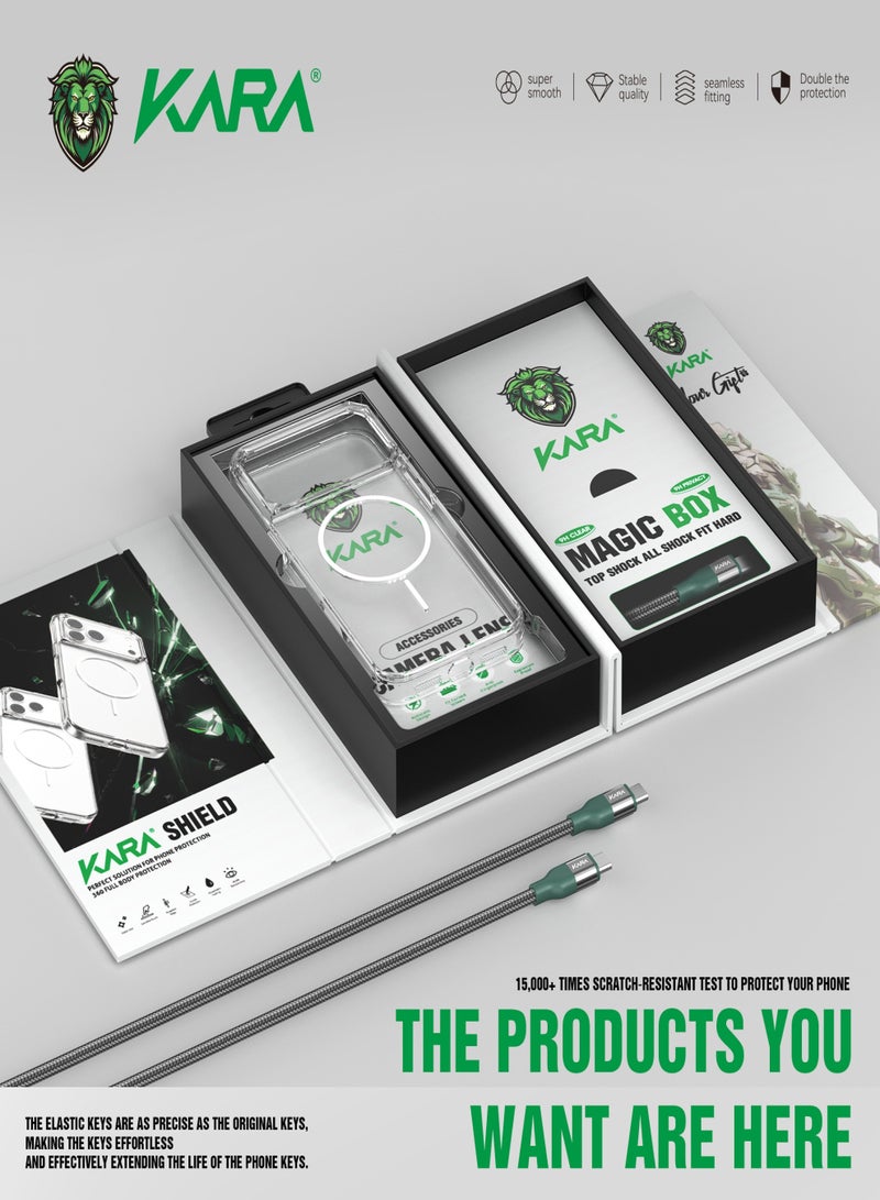 كارا بكج حماية ايفون 17 اير كارا شيلد. مجموعة تحتوي على اكسسوارات ايفون 17 اير (كفر شفاف ضد الاصفرار وقوي ضد الصدمات، 2* شاشة حماية ايفون 17 اير (HD+شاشة لقافه)، حماية كاميرا ايفون 17 اير متفرقة، سلك شاحن تايب سي بقوة 240واط، وحماية نانو حرارية خلفية). - Image 5