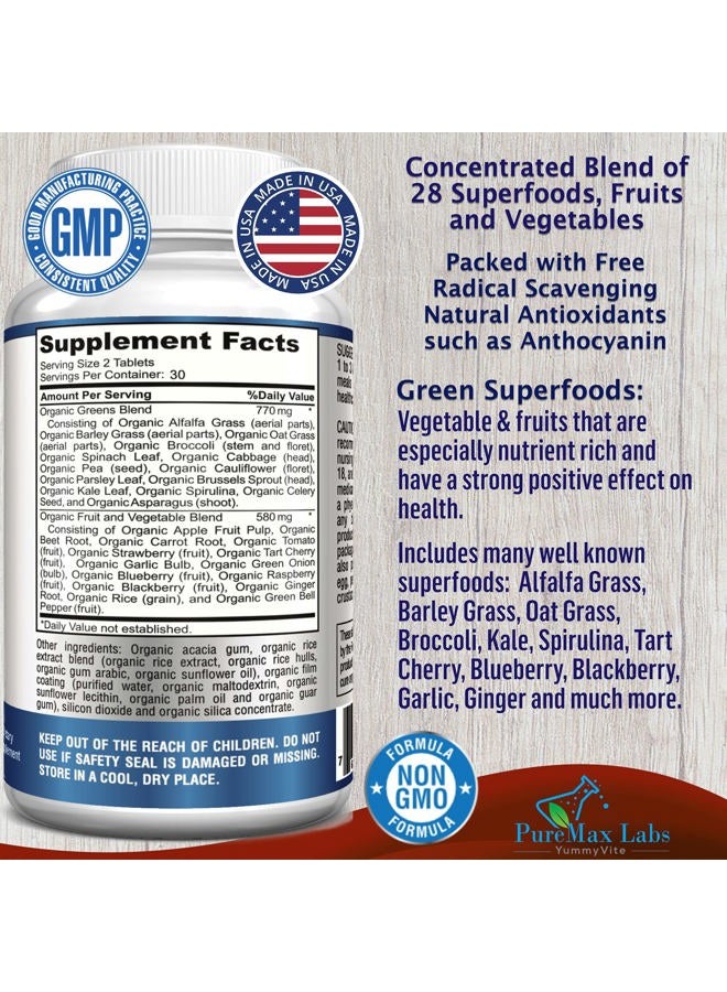 YUMMYVITE Fruit and Veggie Superfood Greens - 28 Fruits and Vegetables incl. Alfalfa, Barley Grass, Spirulina, Beet Root, Tart Cherry, Concentrated Natural Antioxidants- 60 Tablets - Image 2