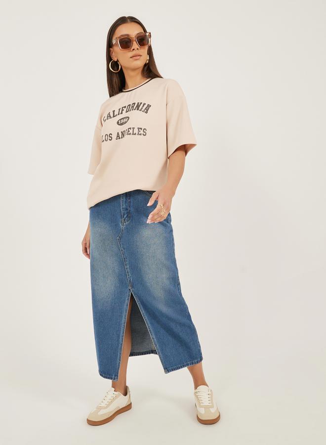 Styli Textured Slogan Print Oversized T-Shirt  - Image 2