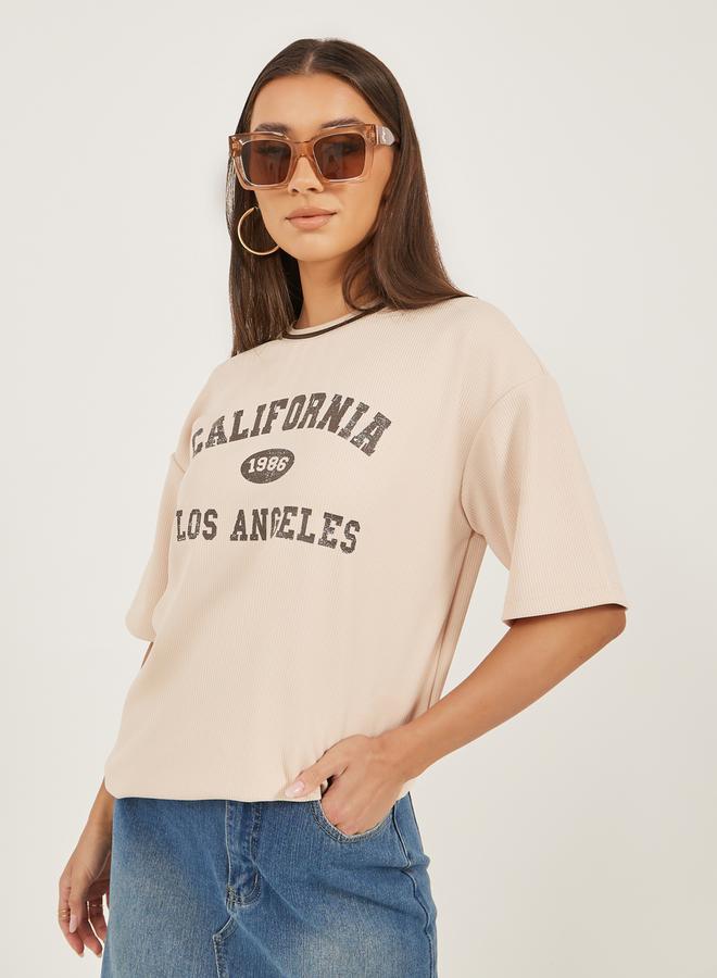 Styli Textured Slogan Print Oversized T-Shirt  - Image 1