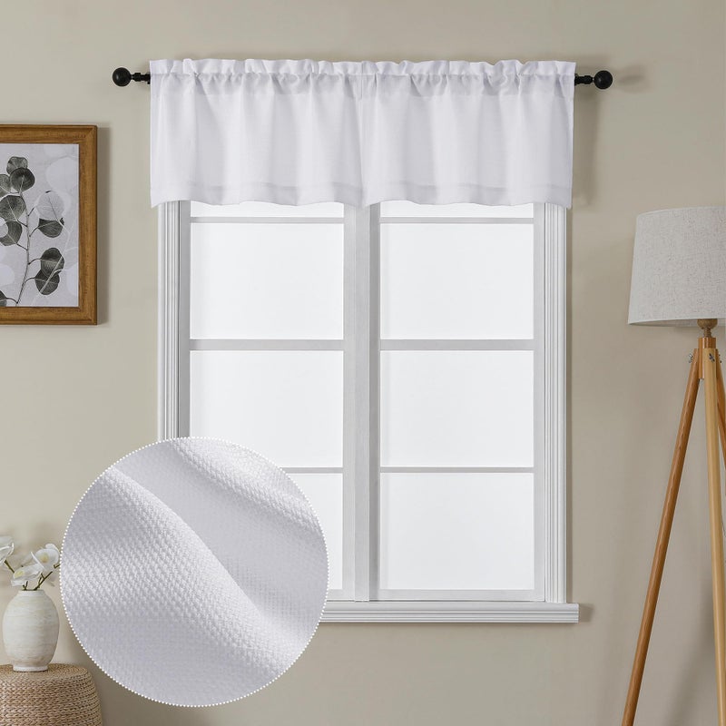 Lecloud Bessie White Valances for Windows 2 Panels Set, Short Cafe Kitchen Curtains with Rod Pocket, Window Valances Curtains for Bedroom Basement, Each 30 W x 14 L - Image 1