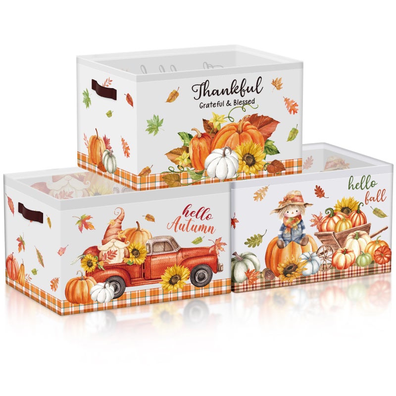 Boao 3 Pack Thanksgiving Storage Gifts Baskets Empty Autumn Storage Bins Large Foldable Pumpkin Scarecrow Fall Harvest Canvas Laundry Basket with Handle for Office Home Nursery Bedroom Clothes - Image 2