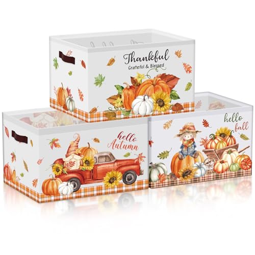 Boao 3 Pack Thanksgiving Storage Gifts Baskets Empty Autumn Storage Bins Large Foldable Pumpkin Scarecrow Fall Harvest Canvas Laundry Basket with Handle for Office Home Nursery Bedroom Clothes - Image 1