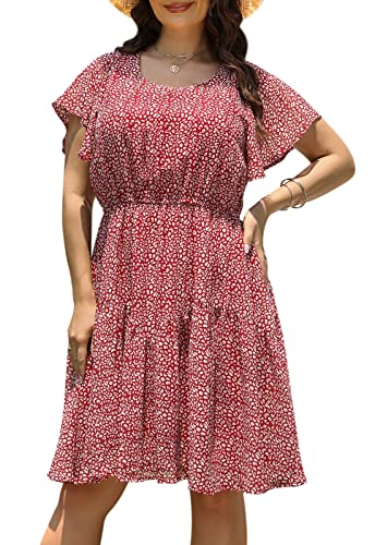 Nemidor Plus Size Summer Dresses for Curvy Women Casual Boho Midi Chiffon Print Floral Dress with Ruffle Sleeve 142629716Red Print