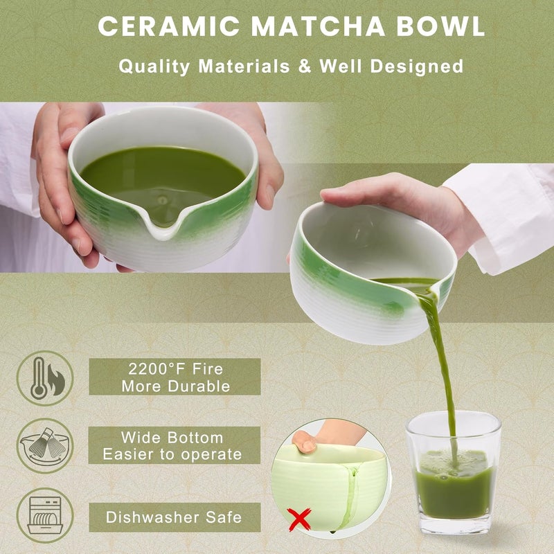 RANERANE Matcha Set: Matcha Bowl with Spout, Whisk, Whisk Holder, Bamboo Spoon & Scoop - 6 Pcs, Green, Bamboo - Image 3