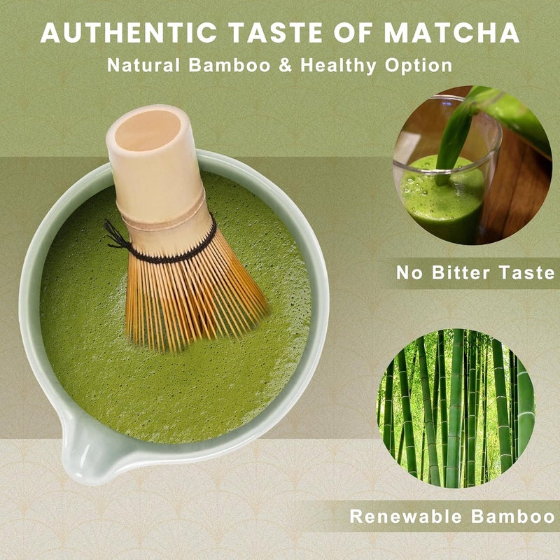 RANERANE Matcha Set: Matcha Bowl with Spout, Whisk, Whisk Holder, Bamboo Spoon & Scoop - 6 Pcs, Green, Bamboo - Image 2