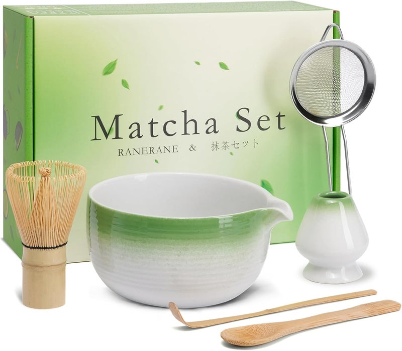 RANERANE Matcha Set: Matcha Bowl with Spout, Whisk, Whisk Holder, Bamboo Spoon & Scoop - 6 Pcs, Green, Bamboo - Image 1