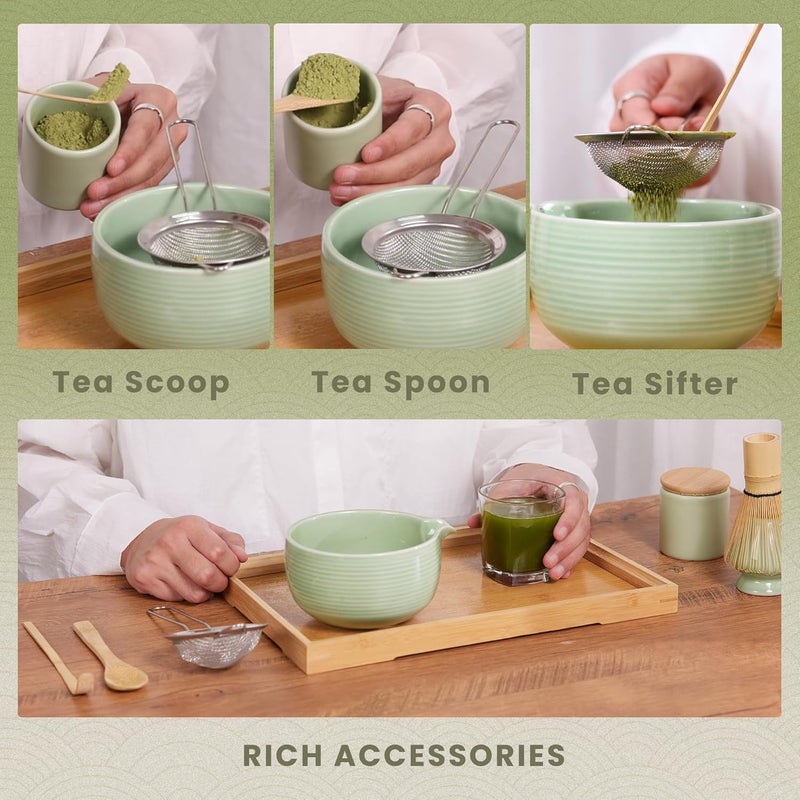 RANERANE Matcha Set: Matcha Bowl with Spout, Whisk, Whisk Holder, Bamboo Spoon & Scoop - 6 Pcs, Green, Bamboo - Image 5