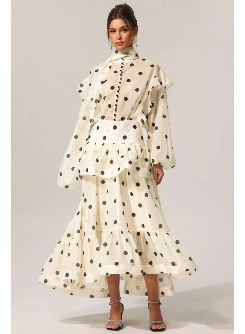 Rode Dot Printed Folds Long Sleeves Top And Skirt Two-Piece Set