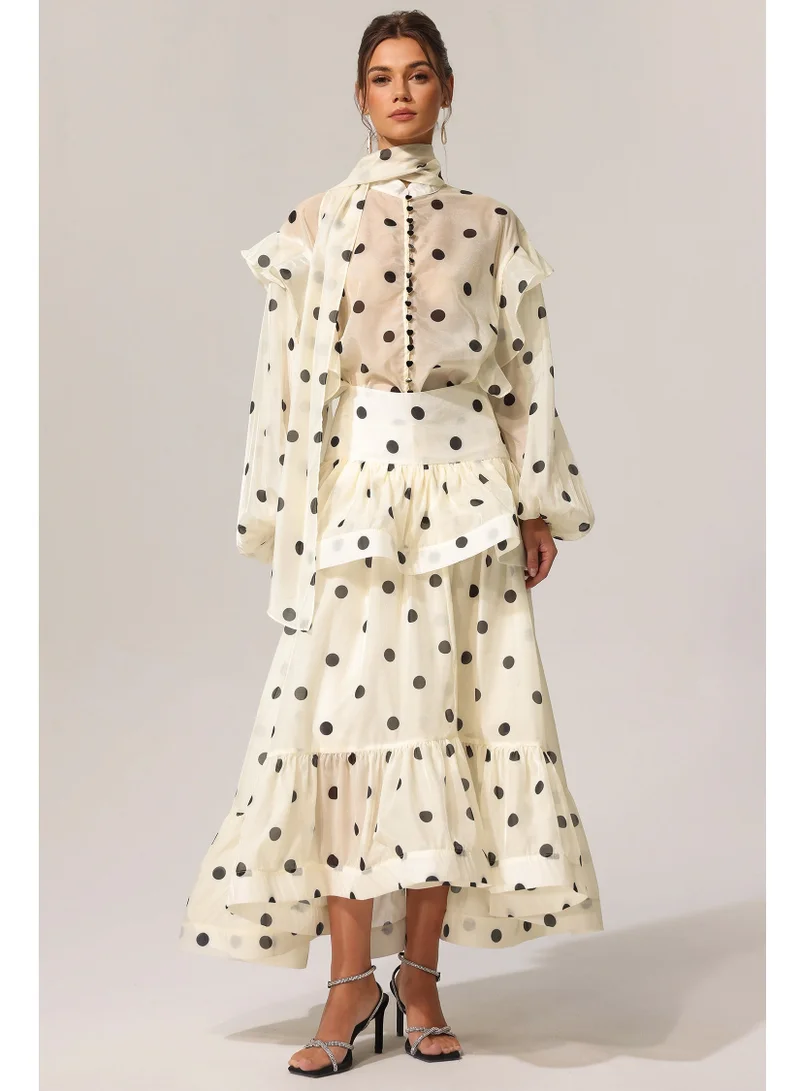 Bella Barnett Rode Dot Printed Folds Long Sleeves Top And Skirt Two-Piece Set