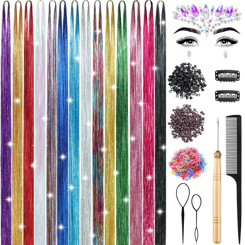 MISSUHUI Hair Tinsel, 14Pcs 6000 Strands 48 Inch Hair Tinsel Kit with Tools Glitter Tinsel Hair Extensions Heat Resistant Shinny Sparkling Fairy Hair Accessories for Women (14 colors) - Image 1