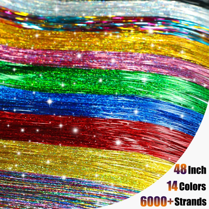 MISSUHUI Hair Tinsel, 14Pcs 6000 Strands 48 Inch Hair Tinsel Kit with Tools Glitter Tinsel Hair Extensions Heat Resistant Shinny Sparkling Fairy Hair Accessories for Women (14 colors) - Image 4