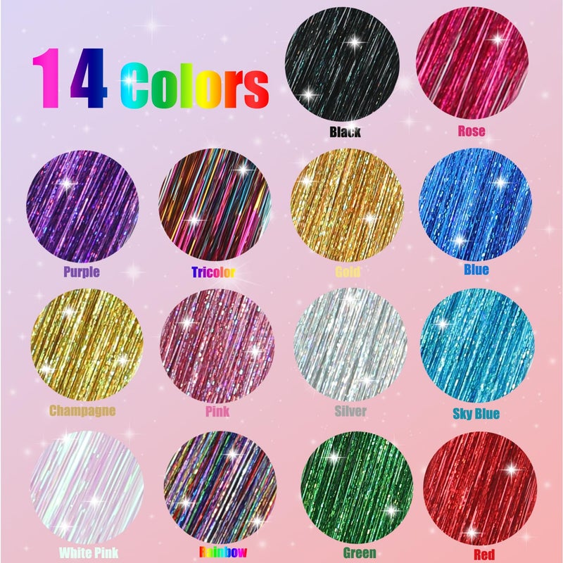 MISSUHUI Hair Tinsel, 14Pcs 6000 Strands 48 Inch Hair Tinsel Kit with Tools Glitter Tinsel Hair Extensions Heat Resistant Shinny Sparkling Fairy Hair Accessories for Women (14 colors) - Image 2