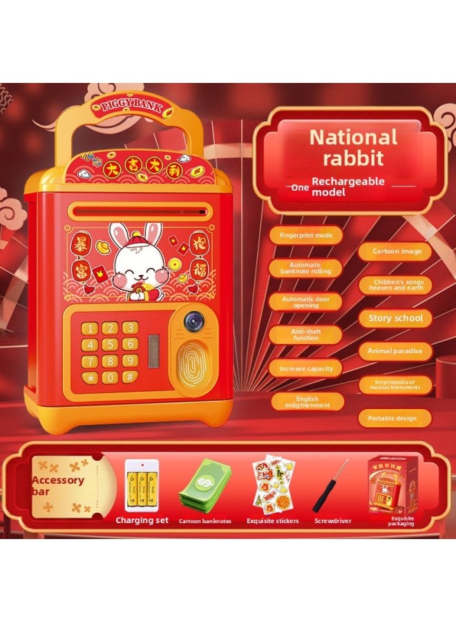 Spring Festival National Fashion Lion Dance Piggy Bank Creative Password Safe Piggy Bank Automatic Safe Box Children's Year Gift-Color:[Exquisite Color Box] National Fashion Rabbit Piggy Bank (charging Suit) - Image 1
