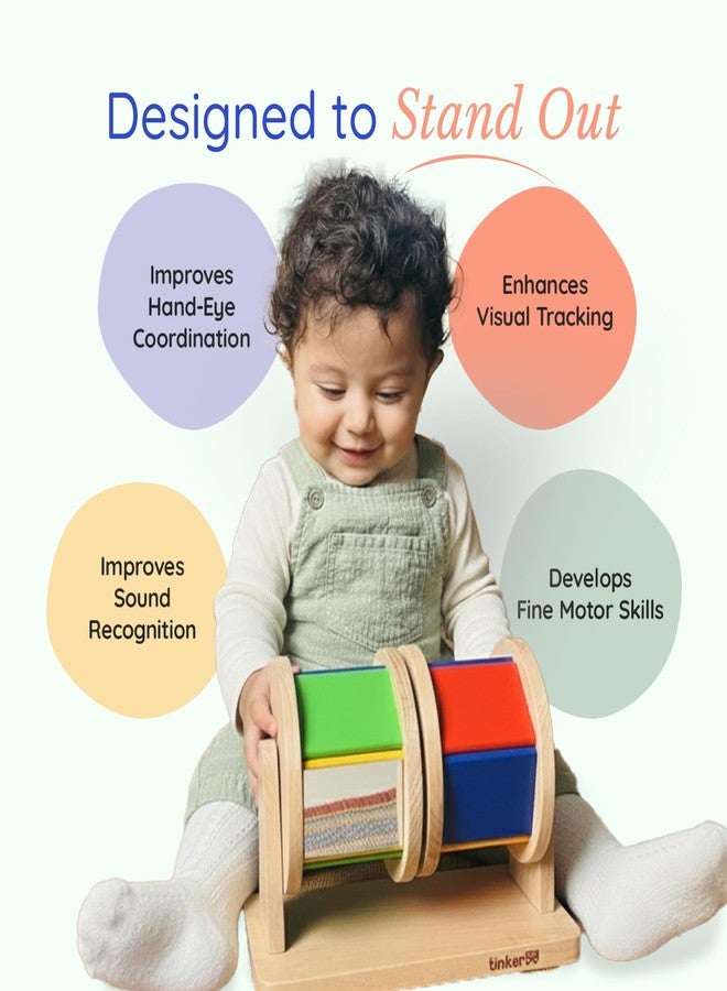 Tinker Box TinkerBox Double Spinning Drum | 4+ Months | Montessori Wooden Rotating Sensory Toy for Toddlers | Tummy Time Baby Toy | Motor Skills Development | Non-Toxic Educational Safe & Durable Wooden Drum - Image 4