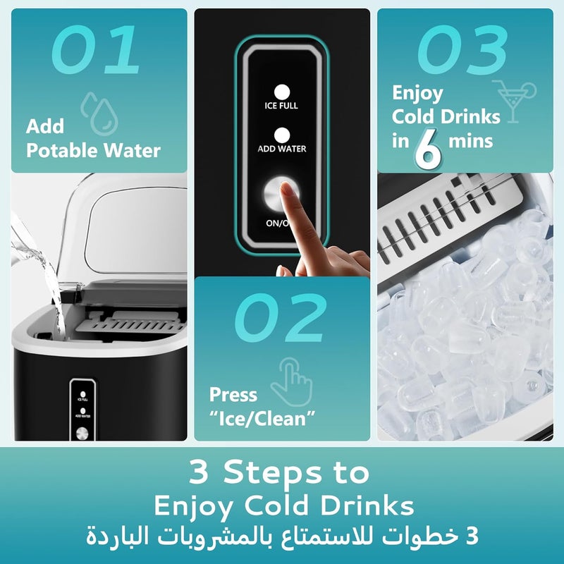 EUHOMY Ice Maker Countertop 9 Cubes in 6 Mins 12Kg/Day Auto-Cleaning Portable Ice Machine with Ice Scoop & Basket & Handle & Clear View for Home/Kitchen/Party/Office (Black) - Image 5