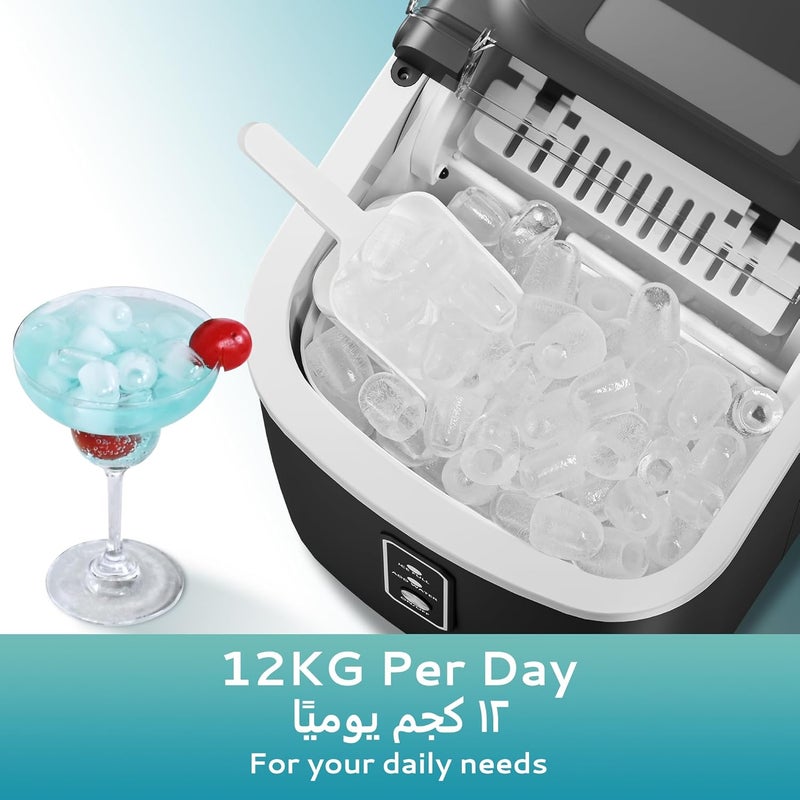 EUHOMY Ice Maker Countertop 9 Cubes in 6 Mins 12Kg/Day Auto-Cleaning Portable Ice Machine with Ice Scoop & Basket & Handle & Clear View for Home/Kitchen/Party/Office (Black) - Image 2